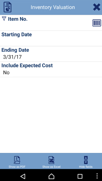 MobileNAV inventory valuation screen on handheld device